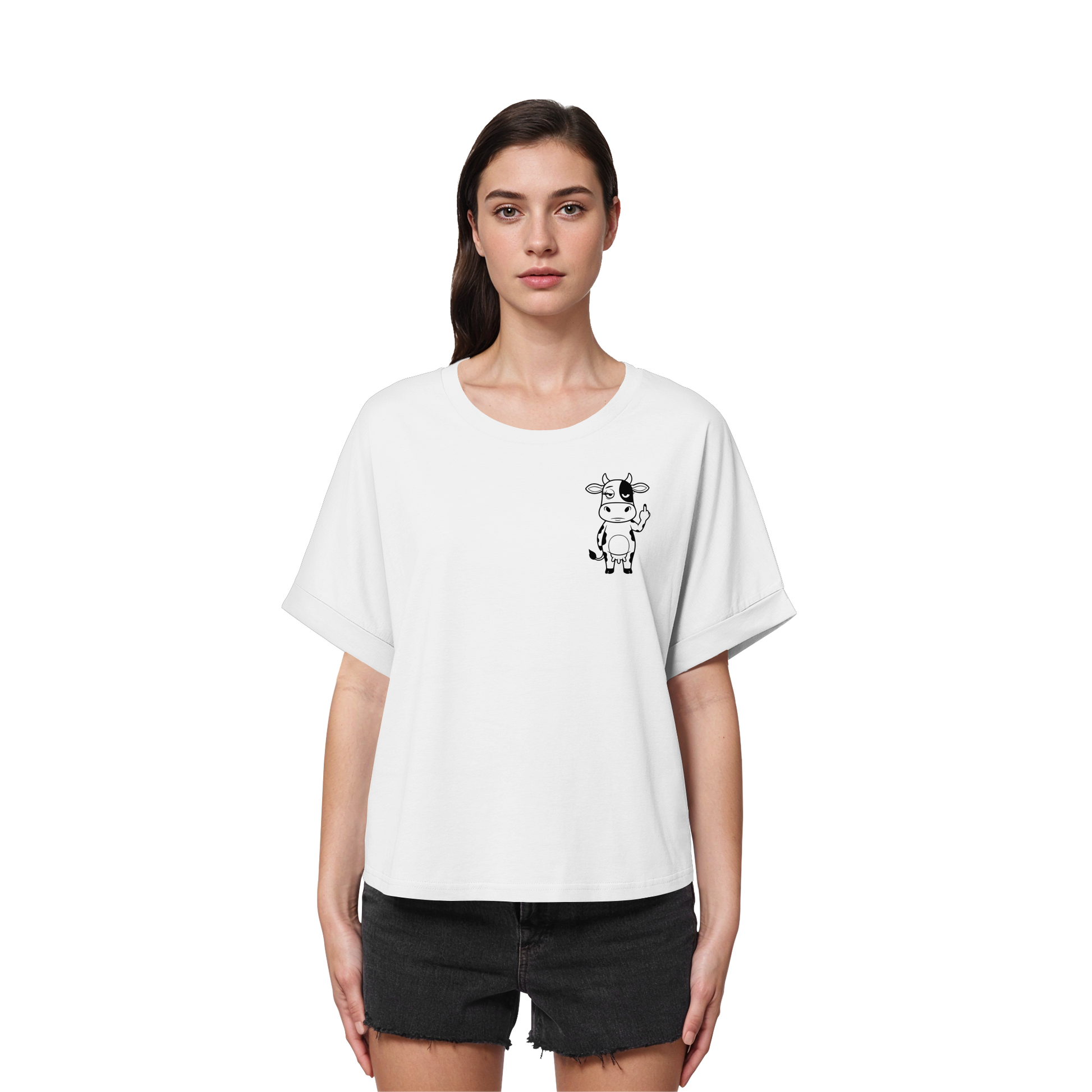 Finger Cow Statement-Print – Weiss Rolled Sleeves Tee | GÖRL Bio-Baumwolle, DTF-Druck in DE