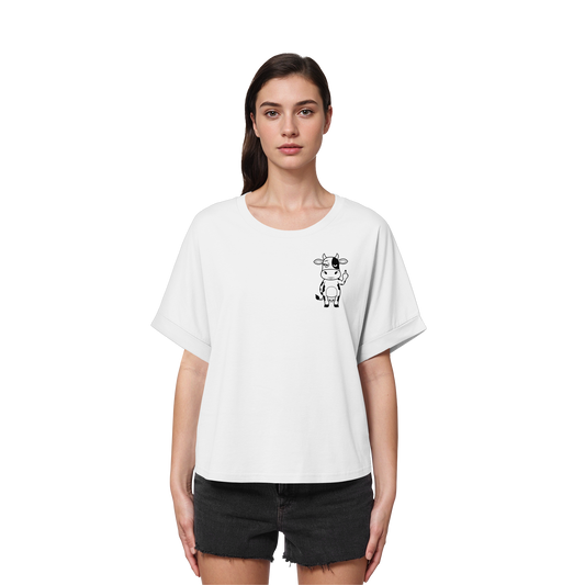 Finger Cow Statement-Print – Weiss Rolled Sleeves Tee | GÖRL Bio-Baumwolle, DTF-Druck in DE